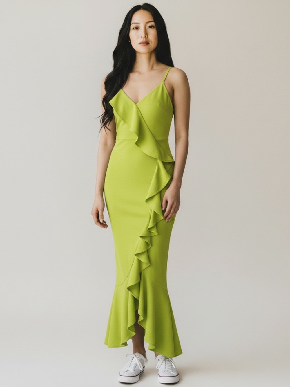 Lime Ruffle-Front Spaghetti Strap Dress